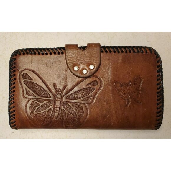 Vtg Hand Tooled Butterfly Brown Leather Wallet Coin Pocket, 7.5" x 4" - Picture 2 of 8